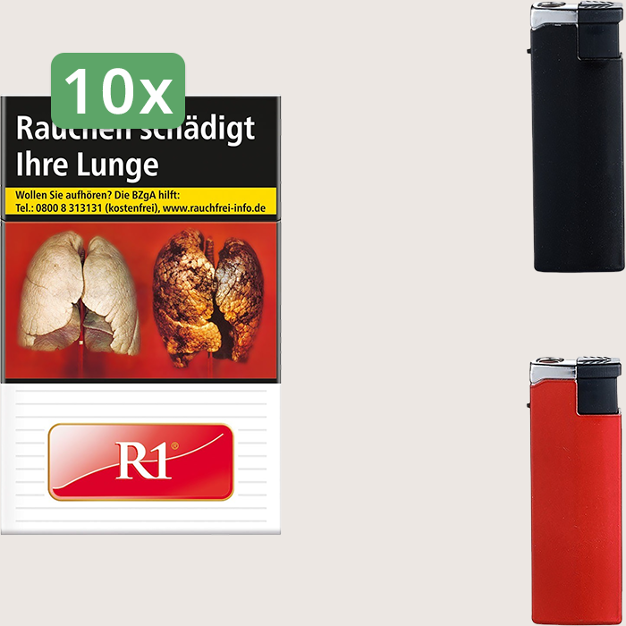 R1 Red 10 x 9,00 € Sparpaket mit 200 Zigaretten und Feuerzeugset