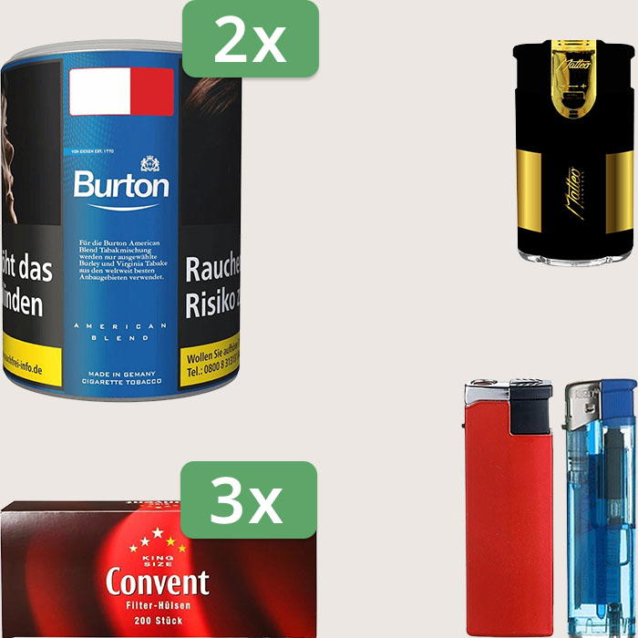 Burton Blue 2 x 120 g Sparpaket mit 600 Convent Hülsen und Feuerzeugset