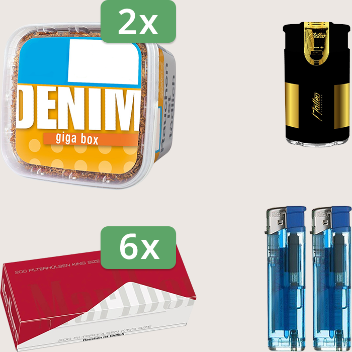 Denim Classic 2 x 315 g Sparpaket mit 1.200 Marlboro Red Hülsen und Feuerzeugset