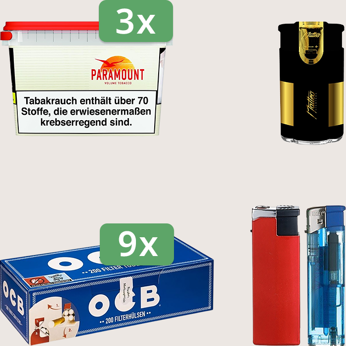 Paramount 3 x 230 g Sparpaket mit 1.800 OCB Hülsen und Feuerzeugset
