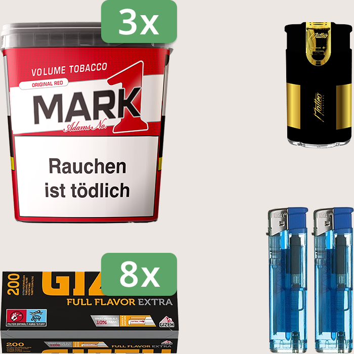 Mark 1 Original Red 3 x 320 g Sparpaket mit 1.600 Gizeh Full Flavor Extra Hülsen und Feuerzeugset