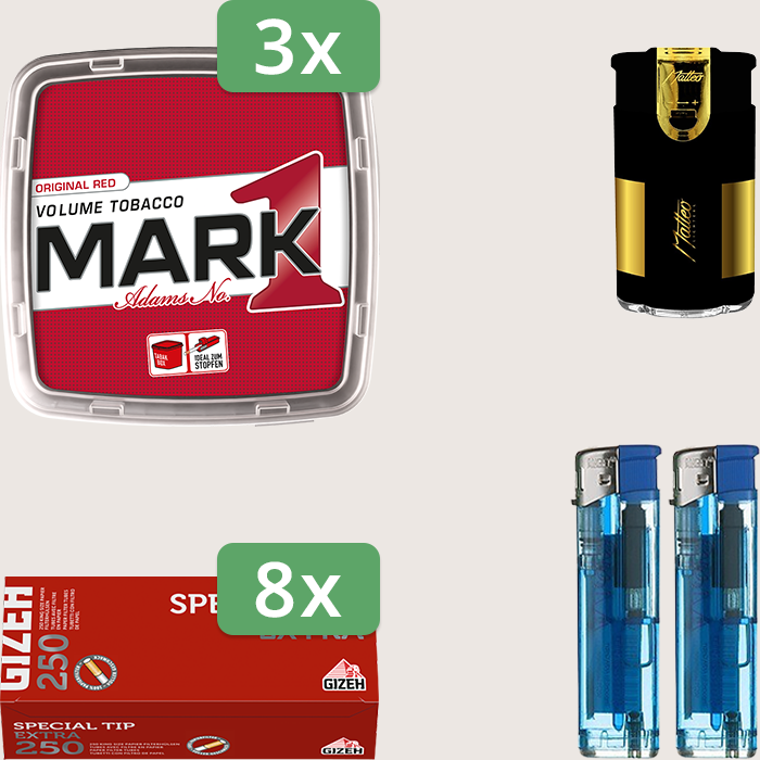 Mark 1 Original Red 3 x 400 g Sparpaket mit 2.000 Gizeh Special Tip Extra Hülsen und Feuerzeugset