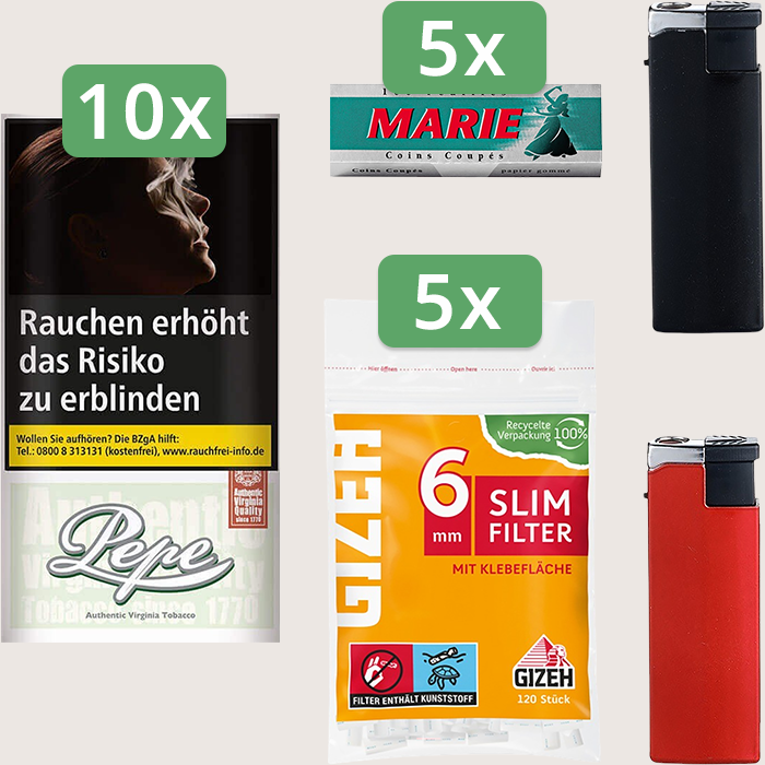 Pepe Fine Green 10 x 30 g Sparpaket mit 500 Marie Blättchen und 600 Gizeh Slim Filter 6 mm