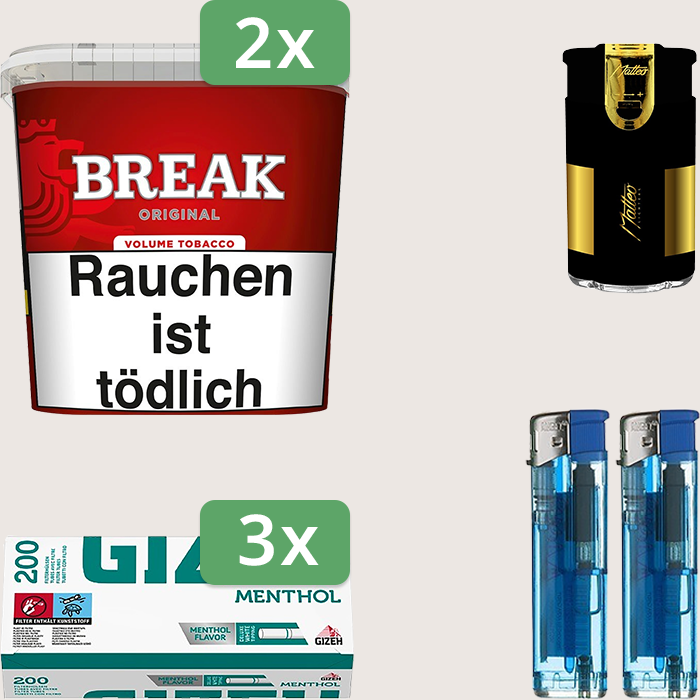 Break Original 2 x 185 g Sparpaket mit 600 Gizeh Menthol Hülsen und Feuerzeugset