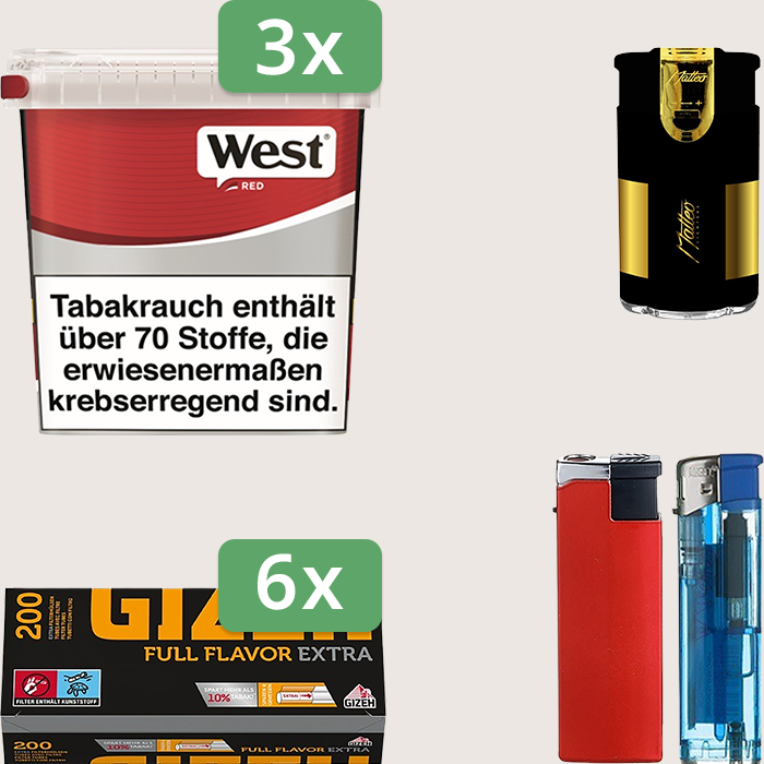 West Red 3 x 170 g Sparpaket mit 1.200 Gizeh Full Flavor Extra Hülsen und Feuerzeugset
