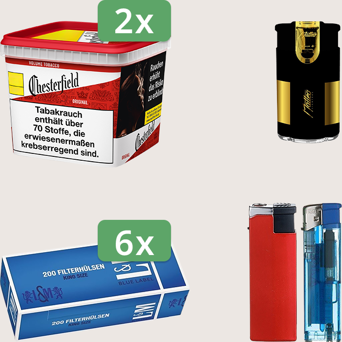 Chesterfield Original Red 2 x 245 g Sparpaket mit 1.200 L&M Blue Label Hülsen und Feuerzeugset