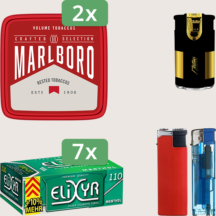 Marlboro Crafted 2 x 230 g Sparpaket mit 770 Elixyr Energy+ Menthol Hülsen und Feuerzeugset