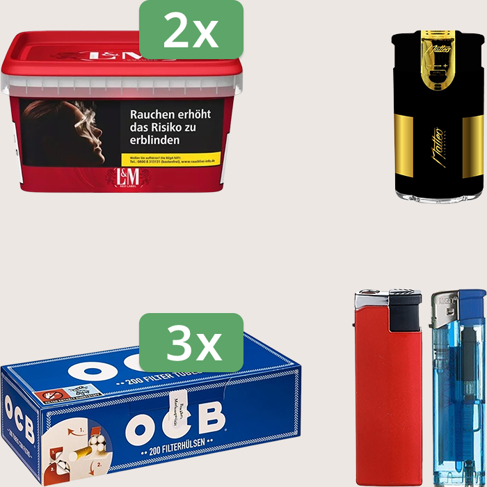 L&M Red 2 x 129 g Sparpaket mit 600 OCB Hülsen und Feuerzeugset L&M Red 2 x 129 g Sparpaket mit 600 OCB Hülsen und Feuerzeugset