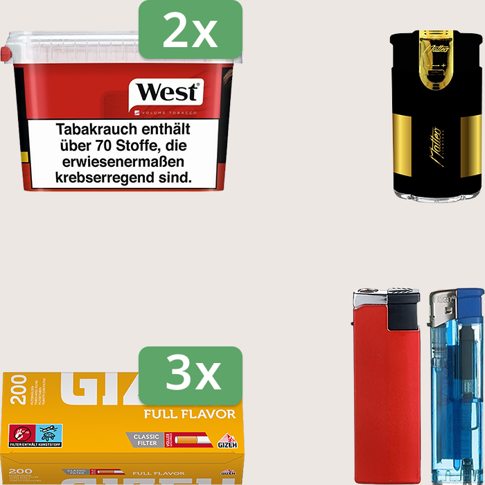 West Red 2 x 115 g Sparpaket mit 600 Gizeh Full Flavor Hülsen und Feuerzeugset